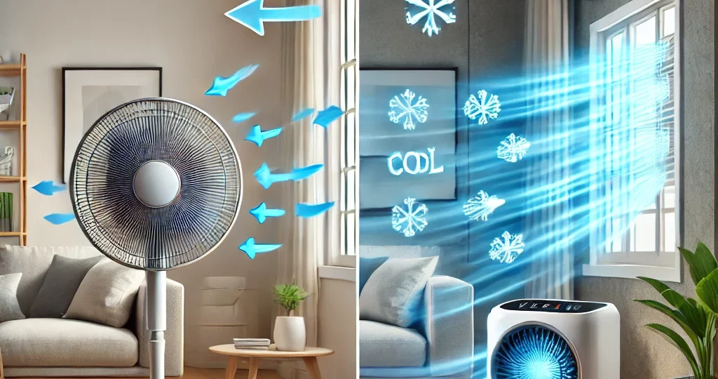 A side-by-side comparison of a fan and a portable air conditioner in a home setting. On one side, a simple fan is circulating air in a