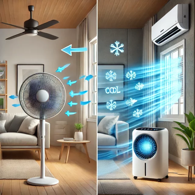 A side-by-side comparison of a fan and a portable air conditioner in a home setting. On one side, a simple fan is circulating air in a