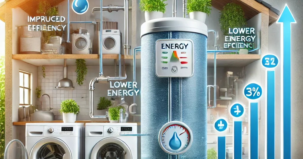 A visual representation of the energy-saving effects of a water softener. The image shows a home setting with a water softener installe