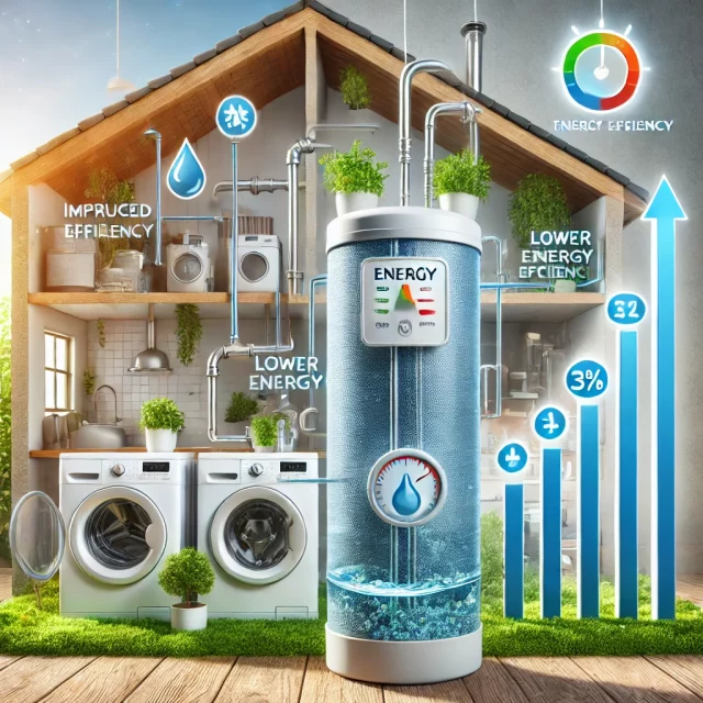 A visual representation of the energy-saving effects of a water softener. The image shows a home setting with a water softener installe