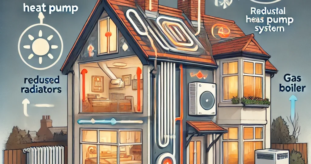 An illustration showing a hybrid heat pump system installed in an older home. The image highlights how the hybrid heat pump works along