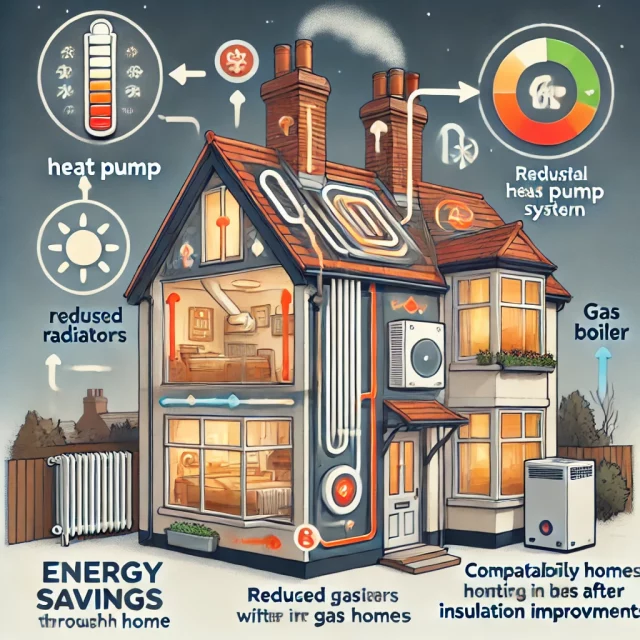 An illustration showing a hybrid heat pump system installed in an older home. The image highlights how the hybrid heat pump works along