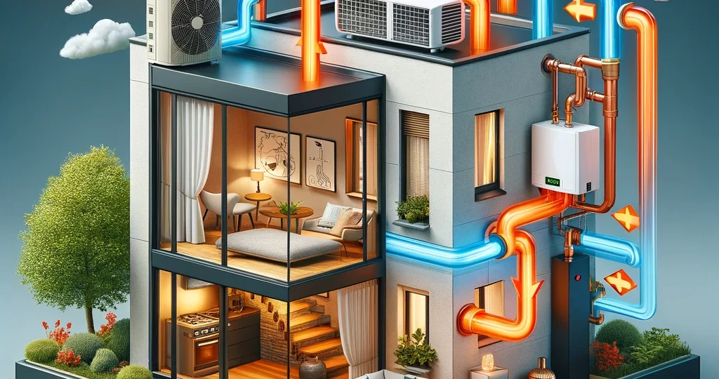 An illustration showing how a hybrid heat pump works with a gas boiler. The image depicts a modern home with a hybrid heat pump system