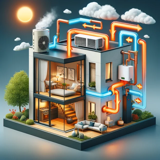 An illustration showing how a hybrid heat pump works with a gas boiler. The image depicts a modern home with a hybrid heat pump system