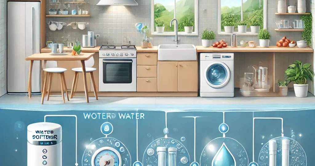 An illustration showing the benefits of a water softener in hard water areas. The image displays a modern home kitchen and bathroom wit