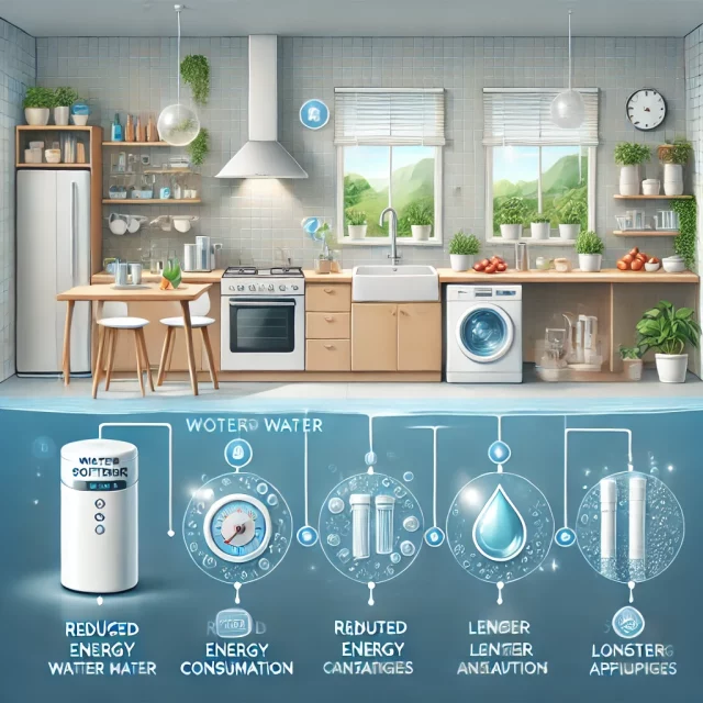 An illustration showing the benefits of a water softener in hard water areas. The image displays a modern home kitchen and bathroom wit