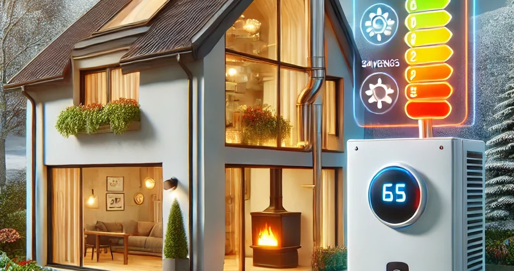 DALL·E 2024-10-17 09.42.12 - An energy-efficient home setup with a hybrid heat pump and a traditional gas boiler system. The image shows a modern house with a heat pump u