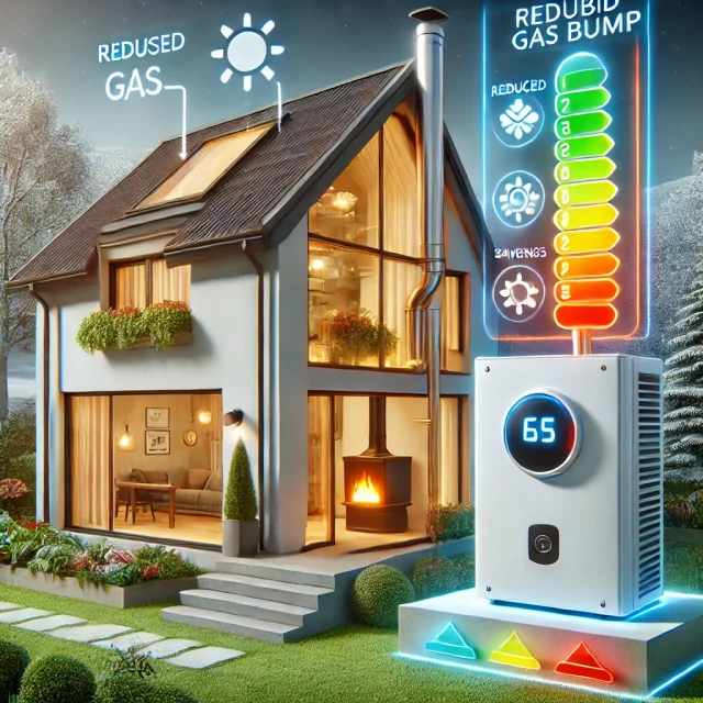 DALL·E 2024-10-17 09.42.12 - An energy-efficient home setup with a hybrid heat pump and a traditional gas boiler system. The image shows a modern house with a heat pump u