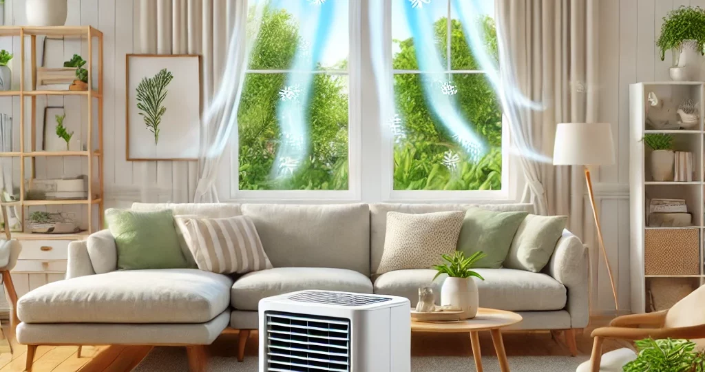 DALL·E 2024-10-17 09.48.01 - A cozy home interior showcasing the benefits of using a mobile air conditioner for home use. The image shows a compact mobile air condi