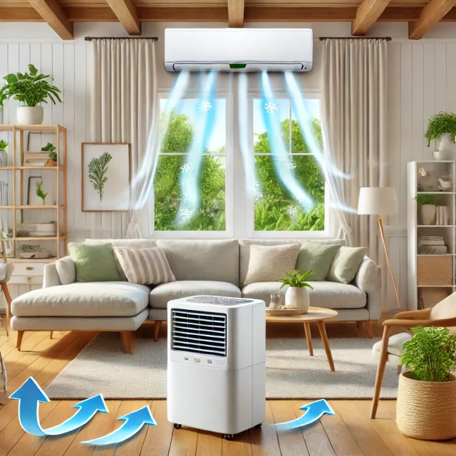 DALL·E 2024-10-17 09.48.01 - A cozy home interior showcasing the benefits of using a mobile air conditioner for home use. The image shows a compact mobile air condi