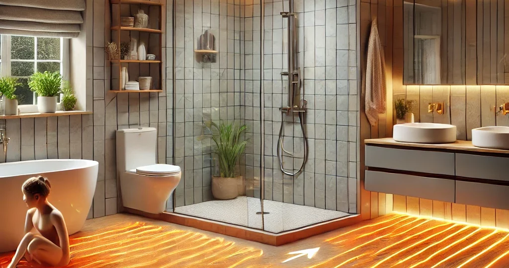 DALL·E 2024-10-17 09.49.46 - A modern bathroom with the benefits of electric underfloor heating showcased. The image displays a sleek, tiled bathroom floor with arr