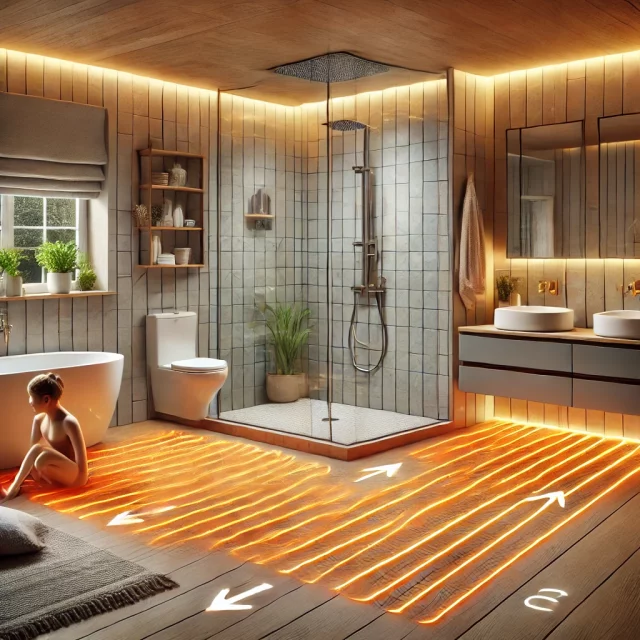 DALL·E 2024-10-17 09.49.46 - A modern bathroom with the benefits of electric underfloor heating showcased. The image displays a sleek, tiled bathroom floor with arr